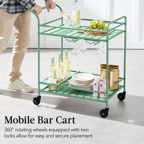 2-Tier Rolling Bar Cart Indoor/Outdoor w/ Shelves, Wine Rack, Locking Wheels