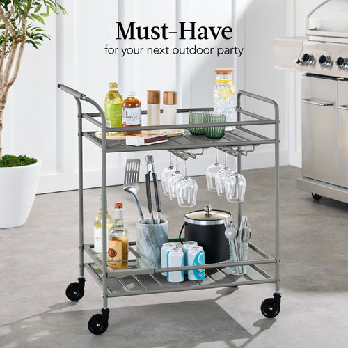 2-Tier Rolling Bar Cart Indoor/Outdoor w/ Shelves, Wine Rack, Locking Wheels