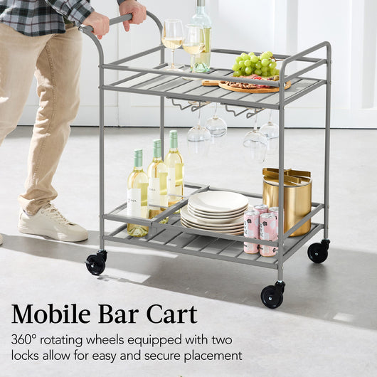 2-Tier Rolling Bar Cart Indoor/Outdoor w/ Shelves, Wine Rack, Locking Wheels
