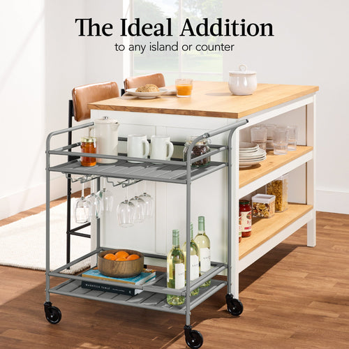 2-Tier Rolling Bar Cart Indoor/Outdoor w/ Shelves, Wine Rack, Locking Wheels