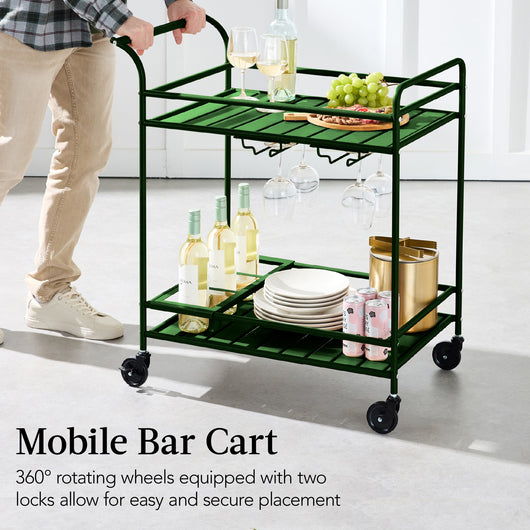 2-Tier Rolling Bar Cart Indoor/Outdoor w/ Shelves, Wine Rack, Locking Wheels