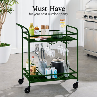 2-Tier Rolling Bar Cart Indoor/Outdoor w/ Shelves, Wine Rack, Locking Wheels