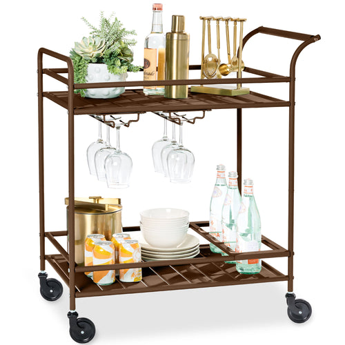 2-Tier Rolling Bar Cart Indoor/Outdoor w/ Shelves, Wine Rack, Locking Wheels