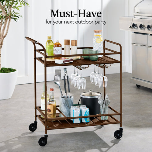 2-Tier Rolling Bar Cart Indoor/Outdoor w/ Shelves, Wine Rack, Locking Wheels