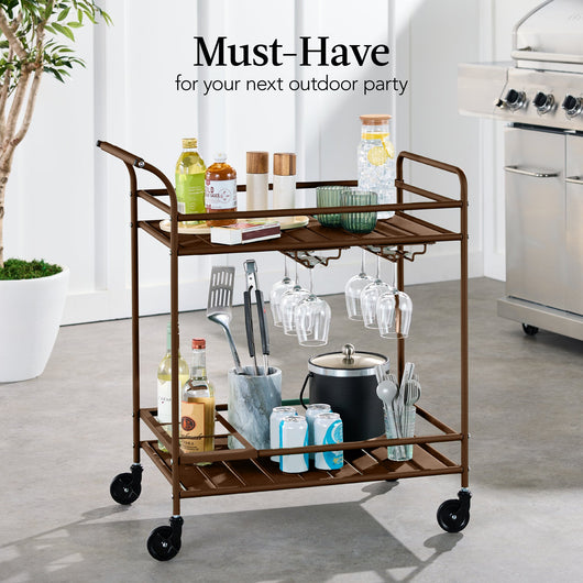 2-Tier Rolling Bar Cart Indoor/Outdoor w/ Shelves, Wine Rack, Locking Wheels
