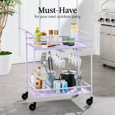2-Tier Rolling Bar Cart Indoor/Outdoor w/ Shelves, Wine Rack, Locking Wheels