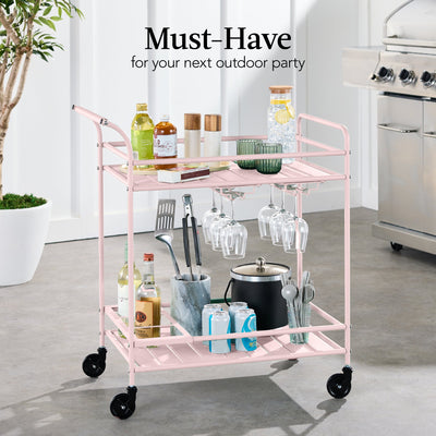 2-Tier Rolling Bar Cart Indoor/Outdoor w/ Shelves, Wine Rack, Locking Wheels