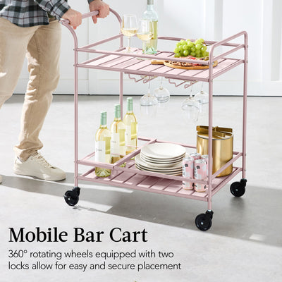 2-Tier Rolling Bar Cart Indoor/Outdoor w/ Shelves, Wine Rack, Locking Wheels