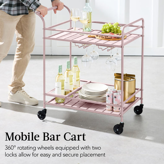 2-Tier Rolling Bar Cart Indoor/Outdoor w/ Shelves, Wine Rack, Locking Wheels