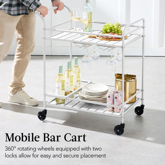 2-Tier Rolling Bar Cart Indoor/Outdoor w/ Shelves, Wine Rack, Locking Wheels