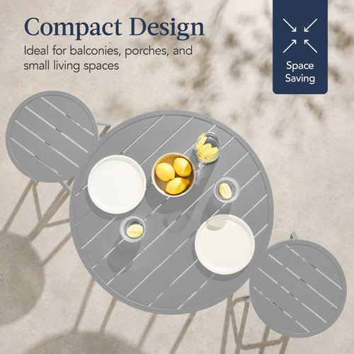 3-Piece Patio Bar Height Bistro Set w/ Backless Stools, Slatted Design