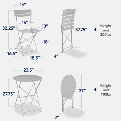 3-Piece Small Folding Patio Bistro Set w/ 2 Chairs