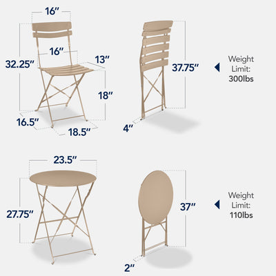 3-Piece Small Folding Patio Bistro Set w/ 2 Chairs