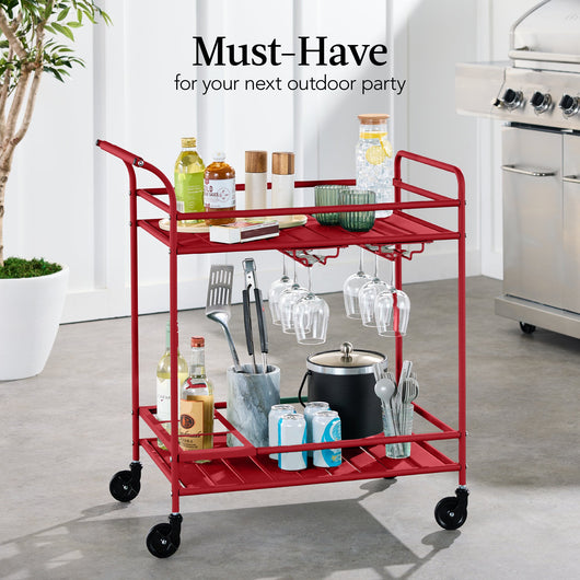 2-Tier Rolling Bar Cart Indoor/Outdoor w/ Shelves, Wine Rack, Locking Wheels