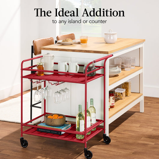 2-Tier Rolling Bar Cart Indoor/Outdoor w/ Shelves, Wine Rack, Locking Wheels