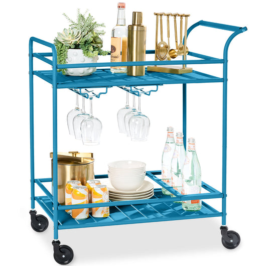 2-Tier Rolling Bar Cart Indoor/Outdoor w/ Shelves, Wine Rack, Locking Wheels