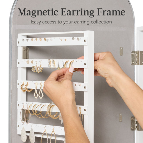 Door/Wall Mounted Arch Mirror Jewelry Armoire, w/ Metal Frame, Built-In Lock