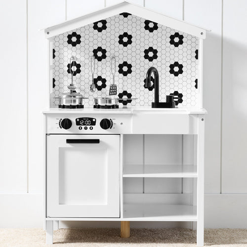 Pretend Play Wooden Farmhouse Kitchen Set w/ Storage, 5 Accessories