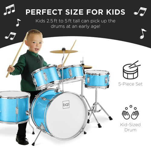 Kids Beginner All Wood Acoustic Drum Kit Starter Set w/ Stool, Drumsticks