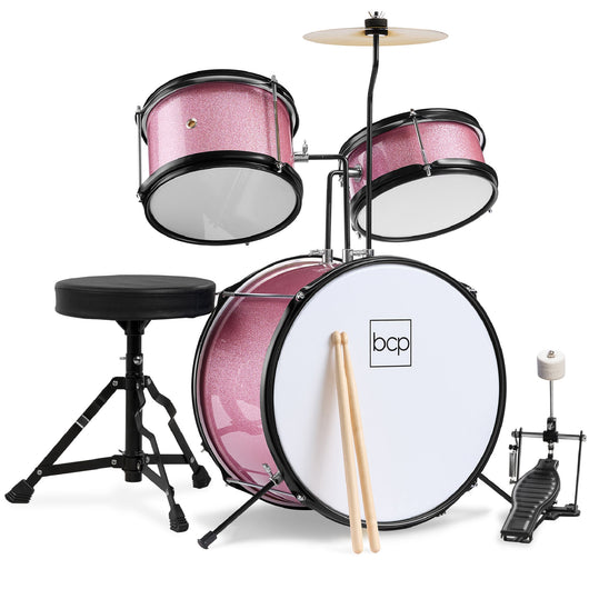 Kids Beginner 3-Piece Drum, Musical Instrument Set w/ Sticks, Stool, Pedal