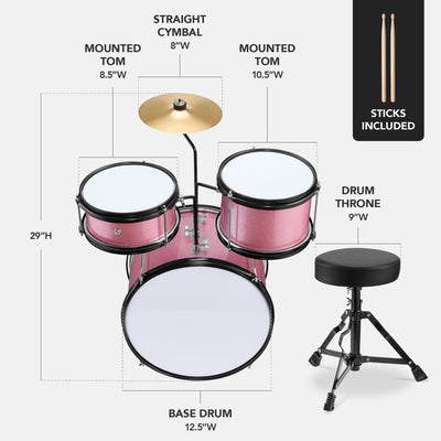 Kids Beginner 3-Piece Drum, Musical Instrument Set w/ Sticks, Stool, Pedal