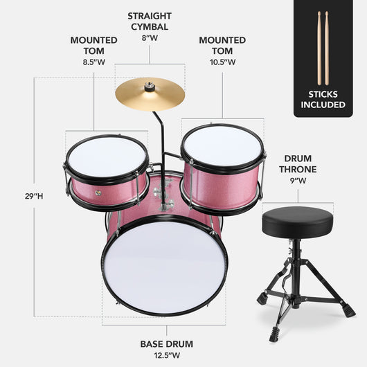 Kids Beginner 3-Piece Drum, Musical Instrument Set w/ Sticks, Stool, Pedal
