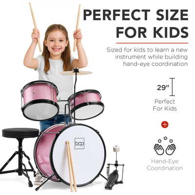 Kids Beginner 3-Piece Drum, Musical Instrument Set w/ Sticks, Stool, Pedal
