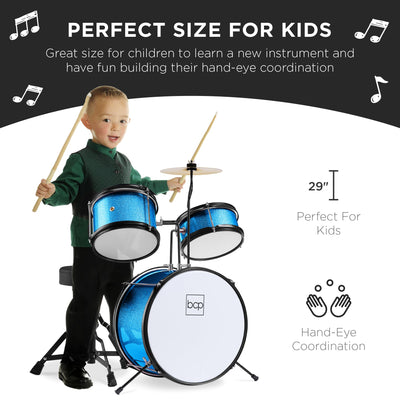 Kids Beginner 3-Piece Drum, Musical Instrument Set w/ Sticks, Stool, Pedal