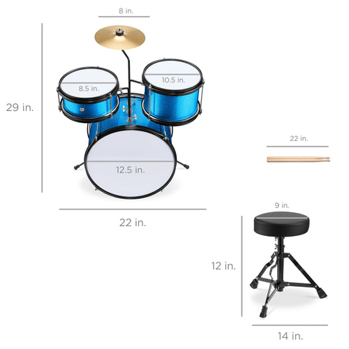 Kids Beginner 3-Piece Drum, Musical Instrument Set w/ Sticks, Stool, Pedal