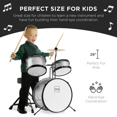 Kids Beginner 3-Piece Drum, Musical Instrument Set w/ Sticks, Stool, Pedal