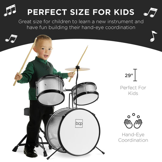 Kids Beginner 3-Piece Drum, Musical Instrument Set w/ Sticks, Stool, Pedal