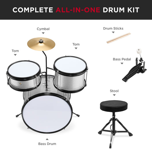 Kids Beginner 3-Piece Drum, Musical Instrument Set w/ Sticks, Stool, Pedal