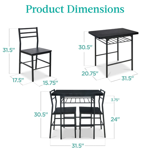 3-Piece Modern Square Dining Set w/ Storage Rack