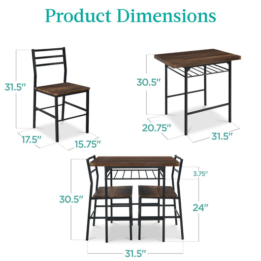 3-Piece Modern Square Dining Set w/ Storage Rack