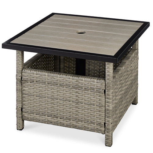 Outdoor Wicker Patio Side Table Accent Furniture w/ Umbrella Hole