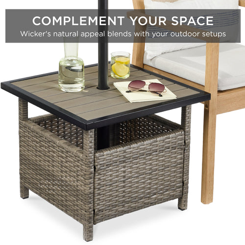 Outdoor Wicker Patio Side Table Accent Furniture w/ Umbrella Hole