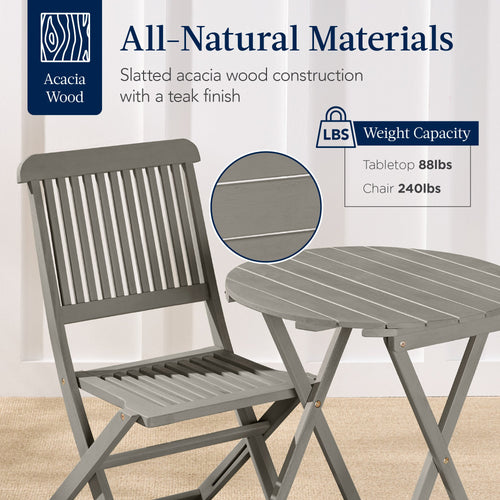 3-Piece Acacia Wood Bistro Set w/ Folding Table, 2 Chairs
