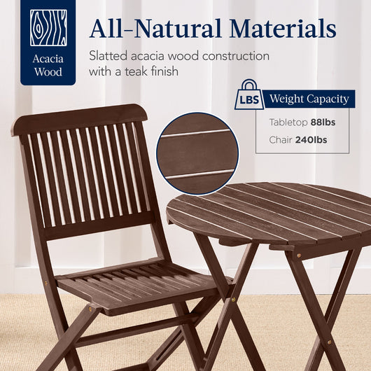3-Piece Acacia Wood Bistro Set w/ Folding Table, 2 Chairs