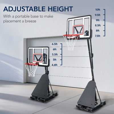 Adjustable 4.4-10ft Basketball Hoop, w/ Shatterproof Backboard,  Ball Return