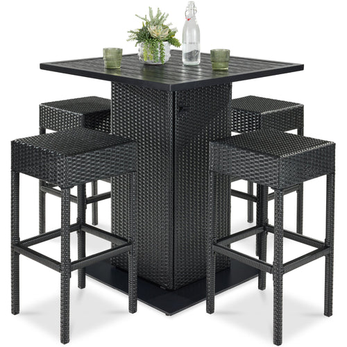 5-Piece Wicker Bar Set w/ 4 Stools, Built-In Bottle Opener, Hidden Storage