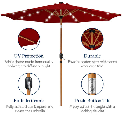 Woodgrain Pattern Solar LED Lighted Patio Umbrella w/ Adjustable Tilt - 10ft