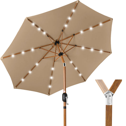 Woodgrain Pattern Solar LED Lighted Patio Umbrella w/ Adjustable Tilt - 10ft