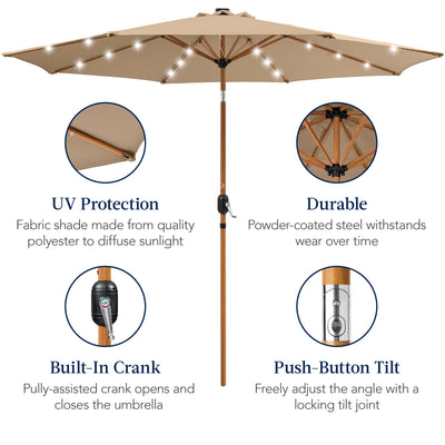 Woodgrain Pattern Solar LED Lighted Patio Umbrella w/ Adjustable Tilt - 10ft