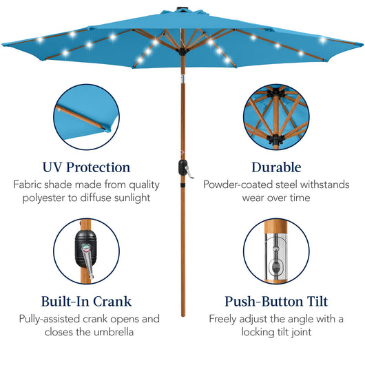 Woodgrain Pattern Solar LED Lighted Patio Umbrella w/ Adjustable Tilt - 10ft