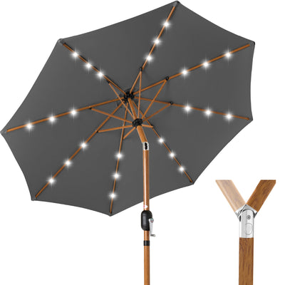 Woodgrain Pattern Solar LED Lighted Patio Umbrella w/ Adjustable Tilt - 10ft