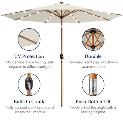 Woodgrain Pattern Solar LED Lighted Patio Umbrella w/ Adjustable Tilt - 10ft