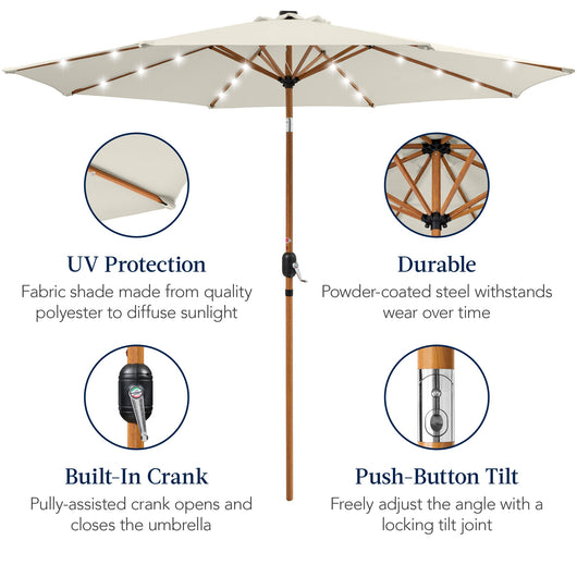 Woodgrain Pattern Solar LED Lighted Patio Umbrella w/ Adjustable Tilt - 10ft
