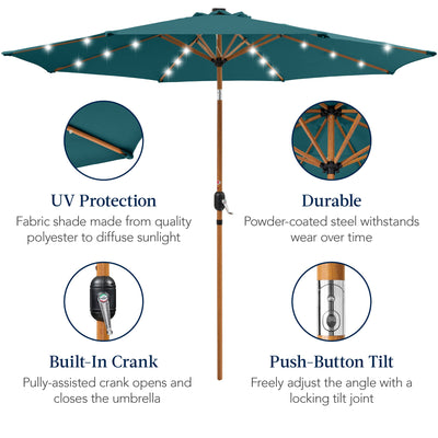 Woodgrain Pattern Solar LED Lighted Patio Umbrella w/ Adjustable Tilt - 10ft