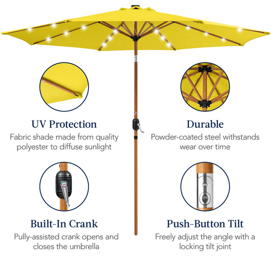 Woodgrain Pattern Solar LED Lighted Patio Umbrella w/ Adjustable Tilt - 10ft