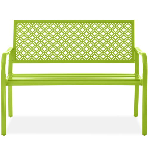 Indoor Outdoor Steel Bench w/ Geometric Backrest, Foot Levelers